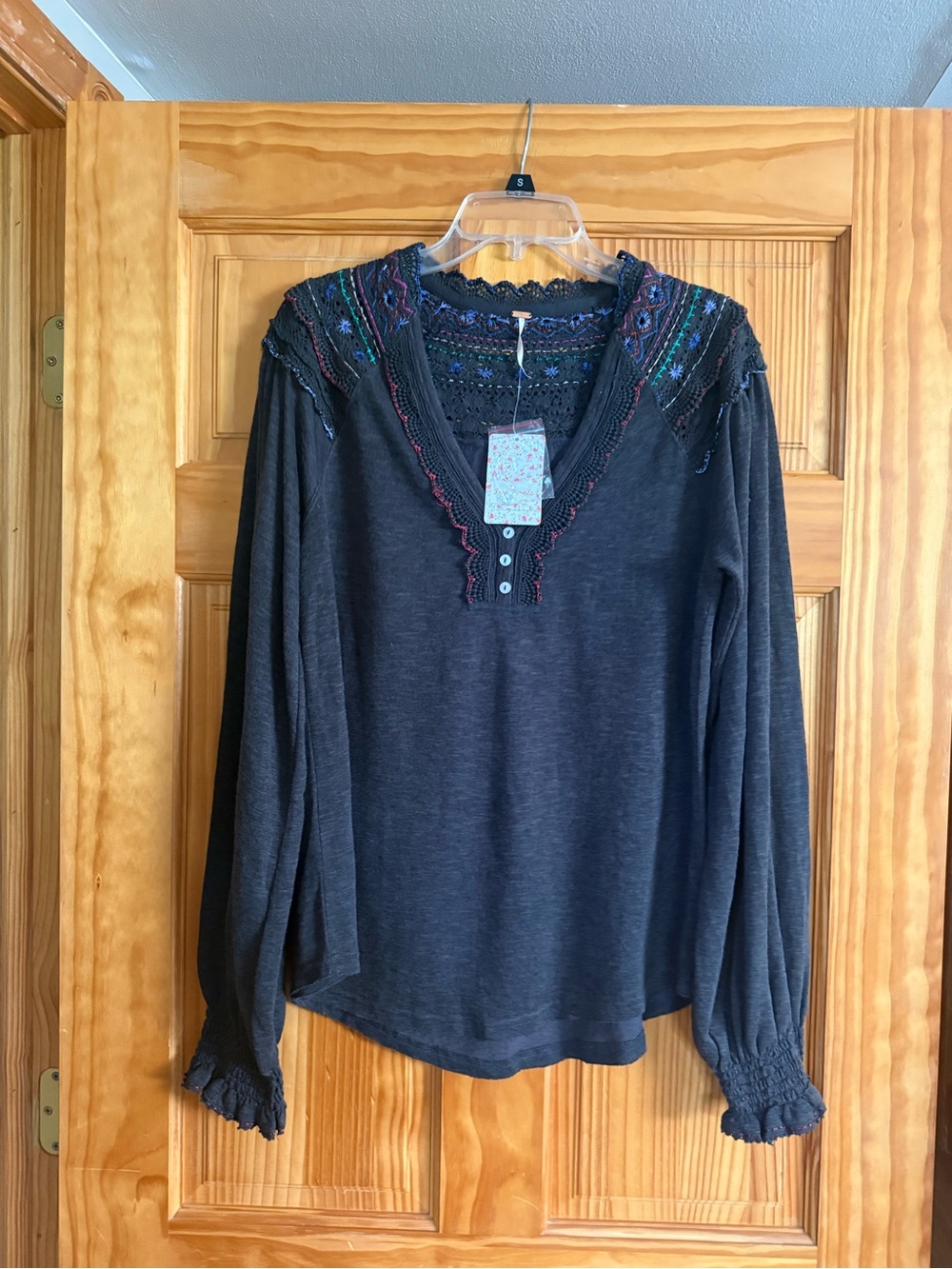 Free People Black Long-Sleeve V-Neck Top with Multicolor Embroidered Yoke